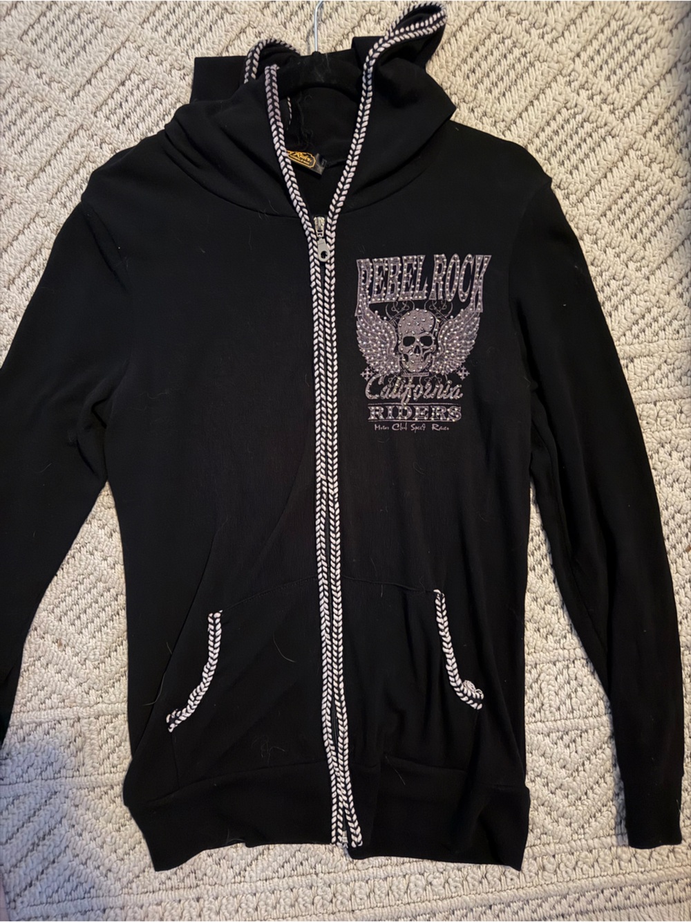 Bling Jewelry Black Zip Hoodie with Contrast Rope Trim